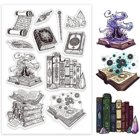 GLOBLELAND Magic Book Clear Stamps for Card Making Crystal Silicone Clear Stamps Wand Transparent Stamps Seal for DIY Scrapbooking Embossing Paper Album Craft Halloween Decor