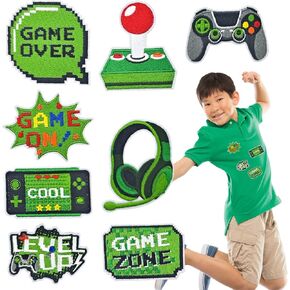8 PCS Video Game Embroidery Patches, Game Day Iron On Patches Sew On Applique, Green Pixelated Gaming Sew Iron on Embroidered Applique for Clothes Bags Hats T-Shirts Jeans Jackets DIY Accessory