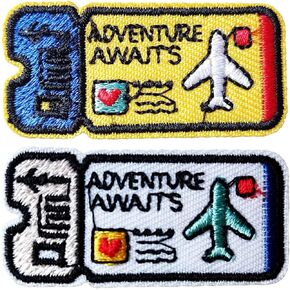 Adventure Awaits World Trip Ticket Iron On/Sew On Patch, Cute Small Embroidered Applique Repair Patch DIY Craft Accessories for Clothes Jacket Jeans Dress Backpacks