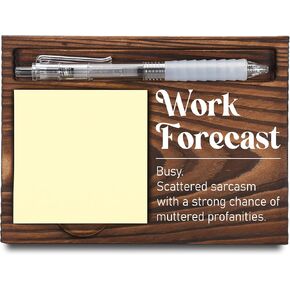 Funny Office Work Gifts for Coworker, Sarcastic Gag Going Away Farewell Gifts, Work Forecast Sticky Note Holder, Post-it Note Dispenser for Desk, Wooden Post-it Note & Pen Holder 6.5" x 4.7" - FTA110