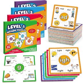 Torlam Phonics Puzzle Cards Level 1-4, Learn to Read Rhyming Games Phonics Flash Cards Spelling CVC Words, Digraphs Blends, Long Vowel, Silent E, Trigraphs Sight Words for Toddlers Kids Kindergarten