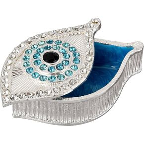 صندوق مجوهرات عين الشر من KENZY GIFTS - صندوق تذكار ذهبي مصنوع يدويًا مع إغلاق مغناطيسي وكريستال - تخزين مزخرف للأساور والقلائد والإكسسوارات - ديكور عين الشر (صندوق فضي مع سوار)
