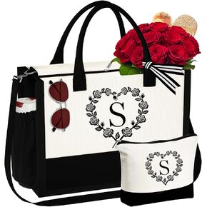 YOOLIFE Christmas Gifts for Women - Initial Canvas Tote Bag & Makeup Bag, Birthday Gifts for Women Her Mom Teacher Friend