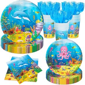 120pcs Under the Sea Party Decorations, Birthday Party Plates and Napkins Sets,Ocean Themed Party Decorations Tableware Set Supplies Paper Plates Napkins Cups for 24 Guests