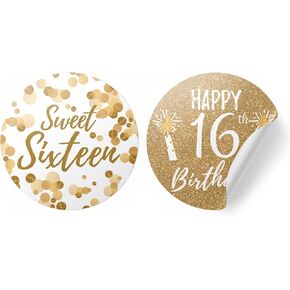 Gold Sweet 16 Birthday Stickers - Sixteen Happy 16th Party Round Labels - 40 Count