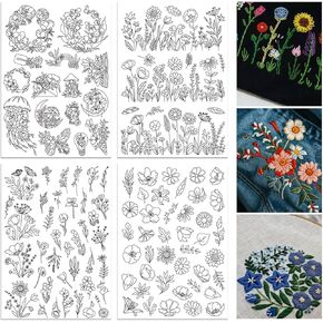 ORIGACH 4 Sheets 105 Pcs Water Soluble Embroidery Patterns Stabilizers - Pre-Printed Floral, Flowering Shrubs & Leaves Designs - Stick & Stitch Embroidery Paper for Hand Sewing Lovers