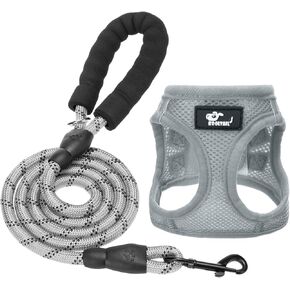 Breathable Air Mesh Dog Harness with Reflective Leash, Adjustable No Pull Step in Vest Harness for Small Dogs Puppies Cats, Grey, Small