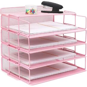 LUCYCAZ Desk Organizer - Stackable Paper Tray, 4 Tier Pink Letter Tray, 5 Trays Metal Paper Organizer for Desk, File Organizer for School Home and Office