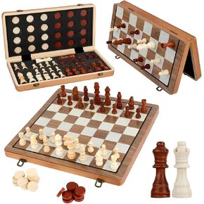 Wooden Chess Set for Adults & Kids, 15" Foldable Wooden Chess Board with 2 Extra Queens, 2 in 1 Chess and Checkers Set, Travel Magnetic Chess Game Set, Beginner Chess Set for Kids