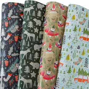 HUAXIE Christmas Wrapping Paper - 8 Large Sheets Holiday Gift Wrap Included Woodland Santa, Rustic Farm House, Sloth, Reindeer Design - Folded Flat, 27 Inch X 37 Inch Per Sheet