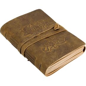 Leather Journal for women and men embossed 8 x 6 inch Handmade Lined craft paper mother earth notebook writing notepad book of shadows journal (Brown)