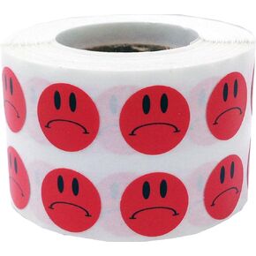 1/2" Inch Small Red Semi-Gloss Sad Face Labels, 1,000 Total Adhesive Stickers on a Roll, Perfect for Kids Classroom Incentives, Motivational Chart Use