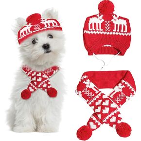 2 Pieces Christmas Pet Hat Scarf Set Winter Warm Puppy Collar Knitting Pet Hat Dog Cat Costume Accessories Adjustable Print Scarf and Hat for Small to Medium Pets (Medium, Snowflake)