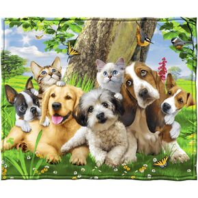 Dawhud Direct Selfie Kitten and Puppy Fleece Blanket - Queen Size Super Soft Plush Cat and Dog Throw Blanket, cat and Dog Bed Blanket - Hello Kitty Blanket - 50" x 60"