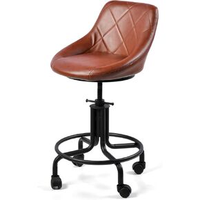 Industrial Office Chair with Backrest on Wheels Vintage Rolling Shop Stools with Wheels for Garage Swivel PU Seat Drafting Stool for Workbench 19.7-23.6inch Height Adjustable Bar Stool