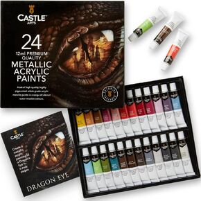 Castle Art Supplies 24 Piece Metallic Acrylic Tube Set | 24 x 12ml Tubes for Adult Artists, Beginners and Crafters, Add Shimmering Quality on Variety of Surfaces | In Strong Beautifully Presented Box