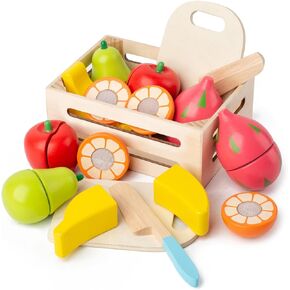 Wooden Play Food Set for Kids' Kitchen - Montessori Pretend Play Toys for Toddlers & Kids Ages 4-8 - Velcro Cutting Fruit Toys - Boys & Girls Birthday Gift