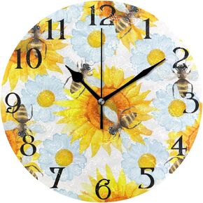 MFTJYO White Daisy Pink Flower Spring Wildflower Silent Non-Ticking Kitchen Clock Decor 9.5 Inch Round PVC Oil Painting Dial Battery Operated Easy to Read for Bedroom Living Room Home