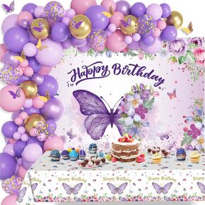Butterfly Happy Birthday Decorations Included Purple Pink Balloon Arch Kit, Butterfly Happy Birthday Backdrop,Tablecloth,3D Butterfly Wall Decor for Women Baby Shower Birthday Decor Supplies