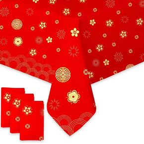 YVAINE 3 Pieces Chinese New Year Tablecover 2024 Chinese New Year Tablecloth Red and Gold Plastic Table Cover for Chinese Spring Festival Party Supplies