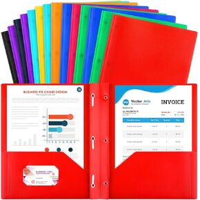 15 Pack Plastic Folders with Pockets, Pocket Folders with 2 Pockets, ROOKEA Prongs Colorful Letter Size Folders File Pocket Folders with Business Card Slots for School Office