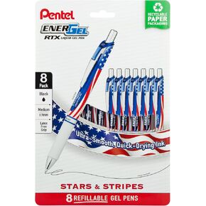 Pentel EnerGel RTX Retractable Liquid Gel Pen, Flag Barrel, (0.7mm) Metal Tip, Medium Line, Black Ink, Pack of 8 Pens
