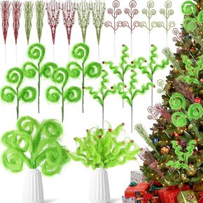 20 Pcs Green Furry Christmas Tree Picks 13'' 11'' Green Curly Picks Stems and Glitter Berry Stems Furry Elf Christmas Tree Ornament for Christmas Tree Decorations Wreath Vase Filler in Kuwait