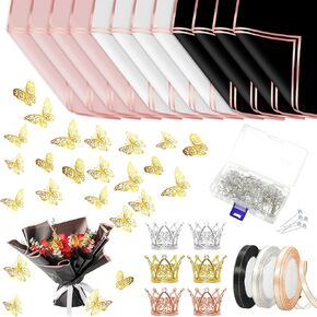 OPUHOHR 205 Pcs Flower Bouquet Wrapping Paper Set, Waterproof Floral Wrapping Paper Florist Supplies with Ribbon Butterfly Decoration Crowns Bouquet Pin Glue for DIY Craft