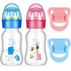 Jexine 4 Pieces Reborn Baby Doll Accessories, Includes 2 Magnetic Pacifier and 2 Baby Doll Bottles Baby Doll Pacifier Feeding Bottle for Reborn Dolls, Random Pattern, Pink and Blue (Cute)