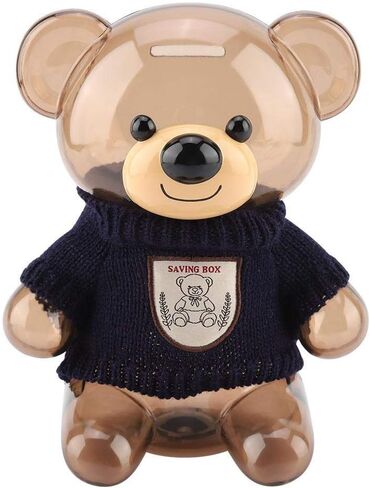 حصالة بيجي بانك للأطفال، حصالة كرتونية، ملابس الدب، بلاستيك شفاف (أزرق) in Kuwait