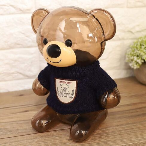 حصالة بيجي بانك للأطفال، حصالة كرتونية، ملابس الدب، بلاستيك شفاف (أزرق) in Kuwait