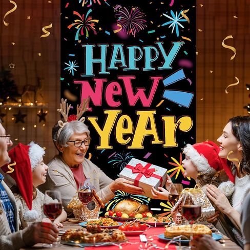 غطاء باب سنة جديدة سعيدة 2025 ديكورات - لافتة باب سنة جديدة سعيدة للباب الأمامي، ألعاب نارية ملونة، لوازم حفلات رأس السنة الجديدة، ديكور الشرفة، خلفية تصوير داخلية خارجية، خلفية الصورة in Saudi Arabia