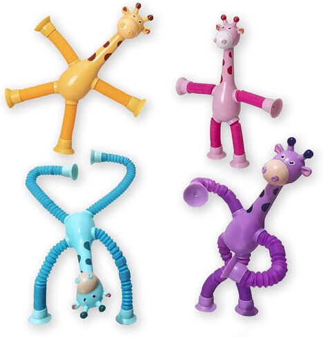 Telescopic Suction Cup Giraffe Toy, 4 PCS Suction Cup Pop Tube Giraffe Toys, Giraffe Educational Stress Relief Toy, Stretch & Decompress Novel Toys for Boys Girls (Without Lights) in Saudi Arabia