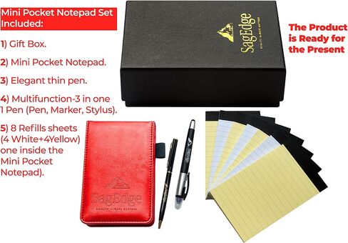 PU Leather Mini Pocket Notepad Holder Set in Gift Box, Inside Pocket Notebook with 30 Lined Memo Sheets White, 7 Book Refills (3 White and 4 Yellow), 2 Pens Elegant and Multifunction (Blue) in Saudi Arabia