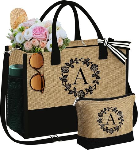 YOOLIFE Christmas Gifts for Women - Initial Jute Tote Bag & Makeup Bag, Birthday Gifts for Women Her Mom Teacher Friend in Saudi Arabia