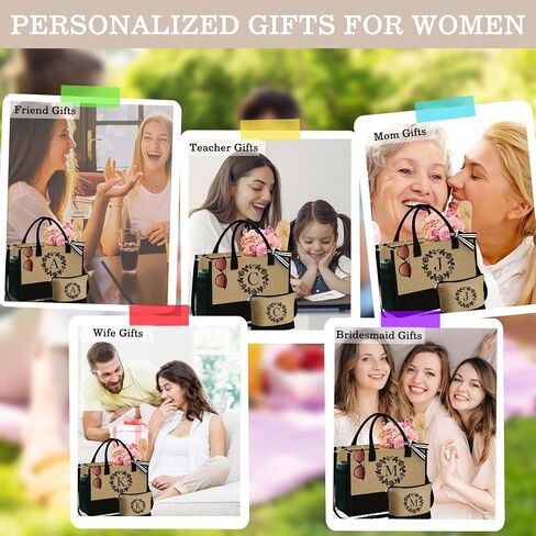 YOOLIFE Christmas Gifts for Women - Initial Jute Tote Bag & Makeup Bag, Birthday Gifts for Women Her Mom Teacher Friend in Saudi Arabia