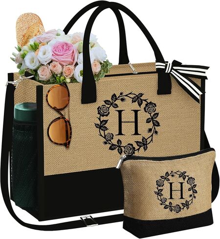 YOOLIFE Christmas Gifts for Women - Initial Jute Tote Bag & Makeup Bag, Birthday Gifts for Women Her Mom Teacher Friend in Saudi Arabia