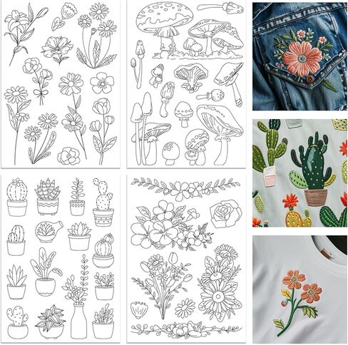 ORIGACH 4 Sheets 105 Pcs Water Soluble Embroidery Patterns Stabilizers - Pre-Printed Floral, Flowering Shrubs & Leaves Designs - Stick & Stitch Embroidery Paper for Hand Sewing Lovers in Kuwait
