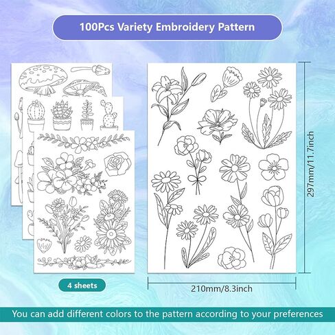 ORIGACH 4 Sheets 105 Pcs Water Soluble Embroidery Patterns Stabilizers - Pre-Printed Floral, Flowering Shrubs & Leaves Designs - Stick & Stitch Embroidery Paper for Hand Sewing Lovers in Kuwait