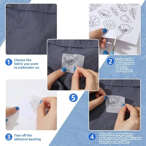 ORIGACH 4 Sheets 105 Pcs Water Soluble Embroidery Patterns Stabilizers - Pre-Printed Floral, Flowering Shrubs & Leaves Designs - Stick & Stitch Embroidery Paper for Hand Sewing Lovers in Kuwait