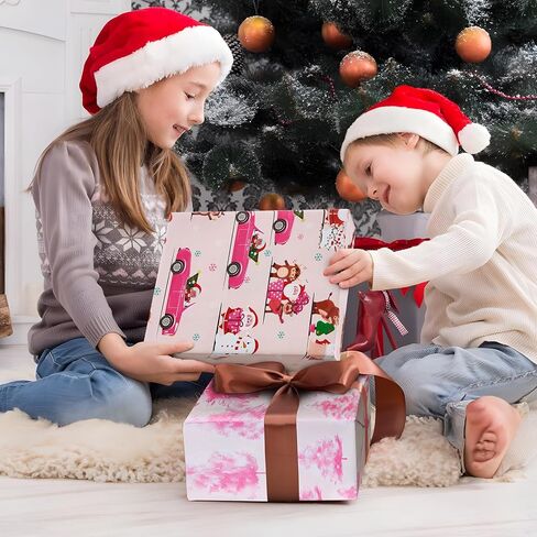ورق تغليف عيد الميلاد الوردي لفة صغيرة قابلة للعكس 17 بوصة × 33 قدمًا، ورق تغليف مطبوع عليه سانتا كلوز وشجرة عيد الميلاد لتغليف هدايا الأطفال، حفلة عائلية عيد الميلاد، زينة شجرة عيد الميلاد in Kuwait