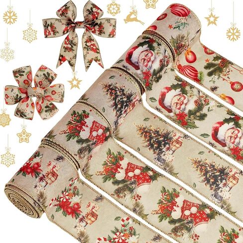 5 Rolls 30 Yards Christmas Vintage Wired Edge Ribbon 2.5 Inch Brown Vintage Countryside Santa Snowflake Tree Craft Ribbon Gold Vintage Wired Fabric Ribbon for Wrapping DIY Bow Wreath Crafts Making in Saudi Arabia