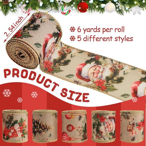 5 Rolls 30 Yards Christmas Vintage Wired Edge Ribbon 2.5 Inch Brown Vintage Countryside Santa Snowflake Tree Craft Ribbon Gold Vintage Wired Fabric Ribbon for Wrapping DIY Bow Wreath Crafts Making in Saudi Arabia