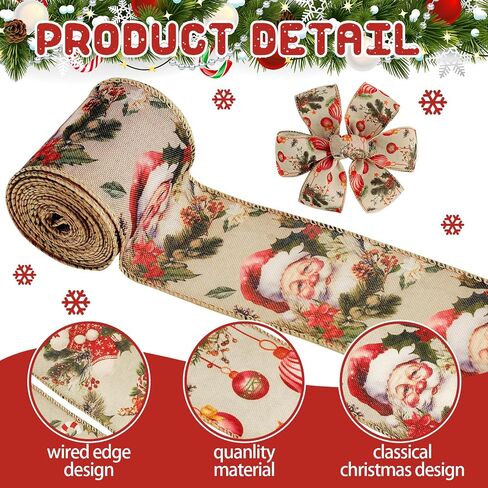 5 Rolls 30 Yards Christmas Vintage Wired Edge Ribbon 2.5 Inch Brown Vintage Countryside Santa Snowflake Tree Craft Ribbon Gold Vintage Wired Fabric Ribbon for Wrapping DIY Bow Wreath Crafts Making in Saudi Arabia