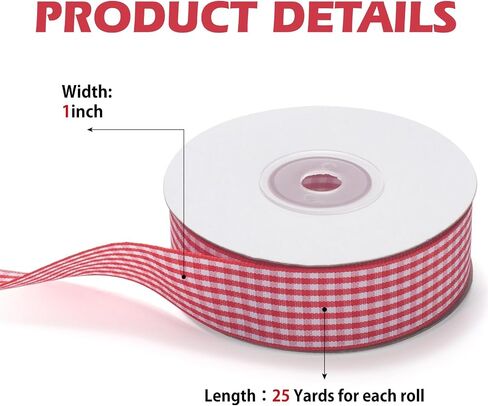 Gingham Ribbon Checkered Ribbon, Red and White Taffeta Plaid Ribbon 1 Inch x 25 Yards, Red Check Wide Ribbon for Gift Wrapping, Picnic, DIY Crafts, Wreath, Wedding, Home Decor in Saudi Arabia