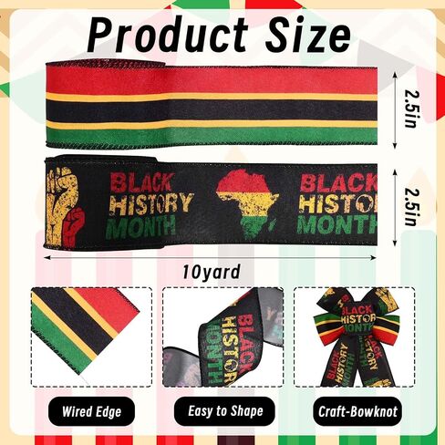 1 Roll 5 Yards Kwanzaa Wired Ribbon 2.5 Inch African American Black History Month Juneteenth Fabric Ribbon for Bow Wreath Gift Wrapping Supplies(1 Roll) in Saudi Arabia