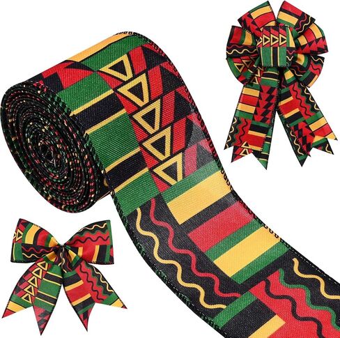 1 Roll 5 Yards Kwanzaa Wired Ribbon 2.5 Inch African American Black History Month Juneteenth Fabric Ribbon for Bow Wreath Gift Wrapping Supplies(1 Roll) in Saudi Arabia
