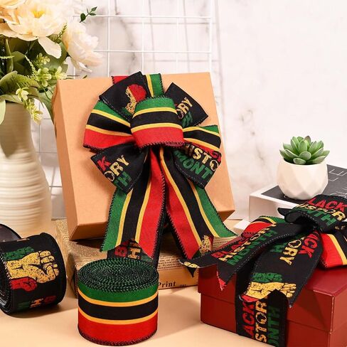 1 Roll 5 Yards Kwanzaa Wired Ribbon 2.5 Inch African American Black History Month Juneteenth Fabric Ribbon for Bow Wreath Gift Wrapping Supplies(1 Roll) in Saudi Arabia