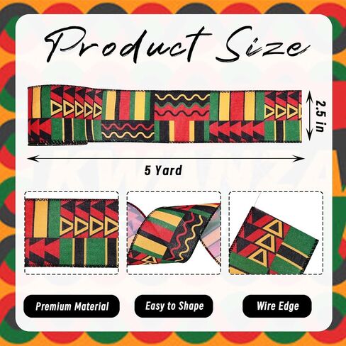 1 Roll 5 Yards Kwanzaa Wired Ribbon 2.5 Inch African American Black History Month Juneteenth Fabric Ribbon for Bow Wreath Gift Wrapping Supplies(1 Roll) in Saudi Arabia