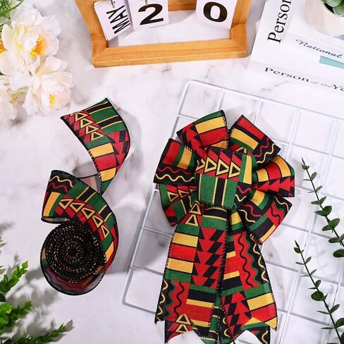 1 Roll 5 Yards Kwanzaa Wired Ribbon 2.5 Inch African American Black History Month Juneteenth Fabric Ribbon for Bow Wreath Gift Wrapping Supplies(1 Roll) in Saudi Arabia